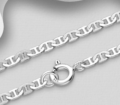 925 Sterling Silver Anchor Chain, 2 mm Wide, Made In Thailand.