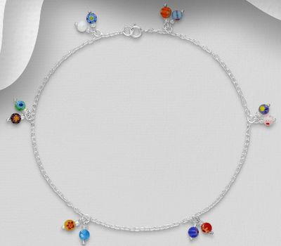 Sterling silver anklet beaded with glass beads.