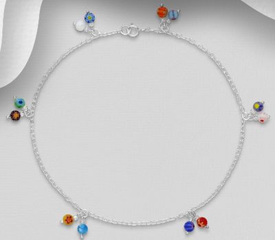 Şəkli böyütmək üçün tiklayın Sterling silver anklet beaded with glass beads.