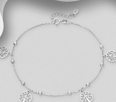 925 Sterling Silver Anklet Featuring Tree of Life Charms Decorated With CZ
