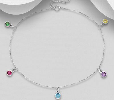 925 Sterling Silver Adjustable Anklet, Decorated with CZ Simulated Diamonds