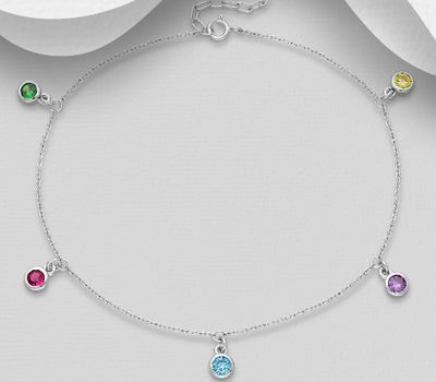 Şəkli böyütmək üçün tiklayın 925 Sterling Silver Adjustable Anklet, Decorated with CZ Simulated Diamonds