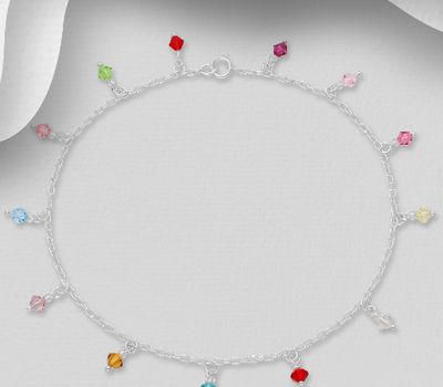 925 Sterling Silver Anklet Beaded with Crystal Glass Beads, Crystal Glass Colors may Vary.