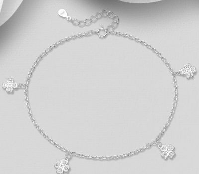 925 Sterling Silver Clover Anklet, Decorated with CZ Simulated Diamonds