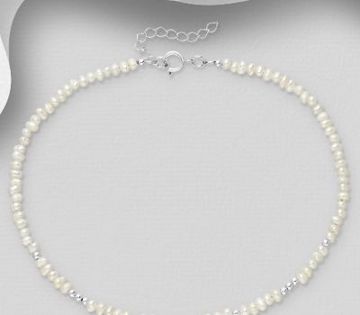 925 Sterling Silver Adjustable Anklet, Beaded with Freshwater Pearls