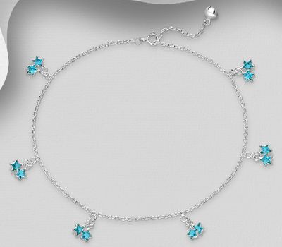 925 Sterling Silver Star Anklet, Decorated with CZ Simulated Diamonds