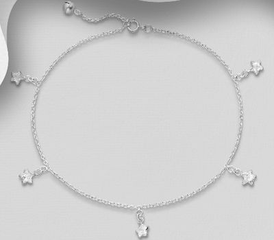 925 Sterling Silver Star Anklet, Decorated with CZ Simulated Diamonds
