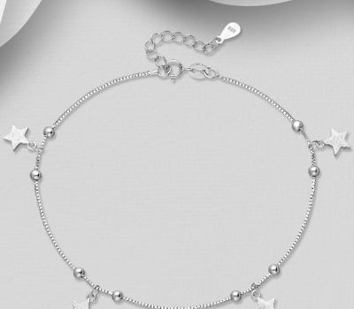 ITALIAN DELIGHT - 925 Sterling Silver Matt Star Anklet, 11 mm Wide, Made in Italy.