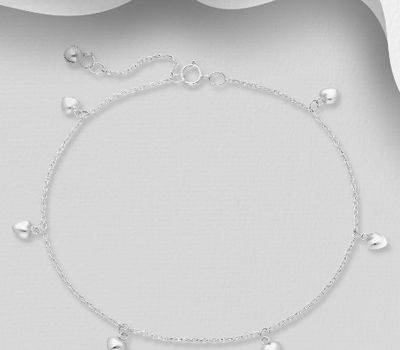 Sterling silver anklet decorated with six silver love-hearts.