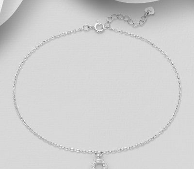 925 Sterling Silver Horseshoe Anklet, Decorated with CZ Simulated Diamonds
