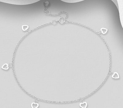Adjustable sterling silver heart anklet decorated with a small bell.rt.
