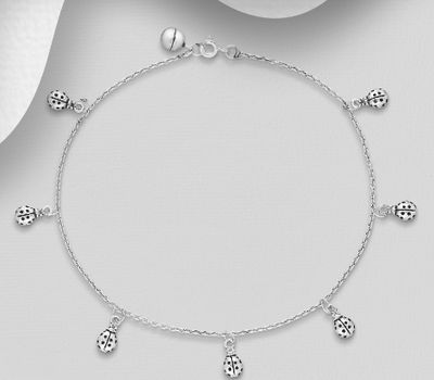 925 Sterling Silver Oxidized Bell and Ladybug Anklet