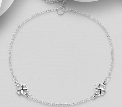 925 Sterling Silver Oxidized Clover Anklet