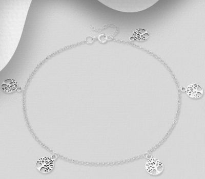925 Sterling Silver Anklet with Tree of Life Charms