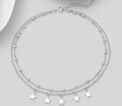 925 Sterling Silver Layered Anklet Featuring Ball and Dangle Star Charms