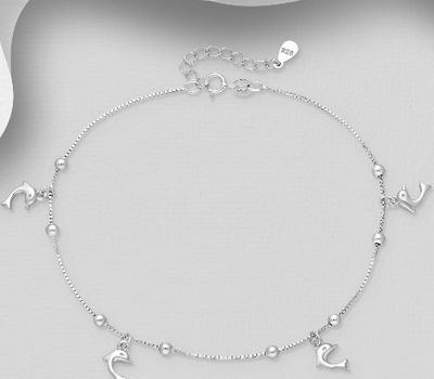 ITALIAN DELIGHT - 925 Sterling Silver Dolphin Anklet, Ball Width is 3 mm Wide, Made in Italy.