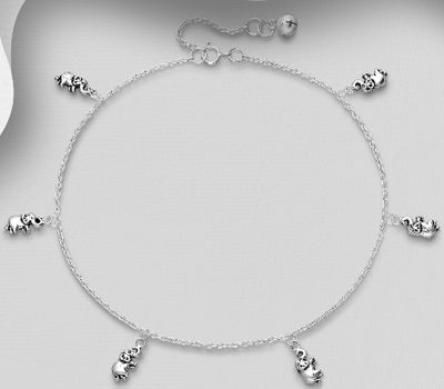 925 Sterling Silver Oxidized Bell and Elephant Anklet