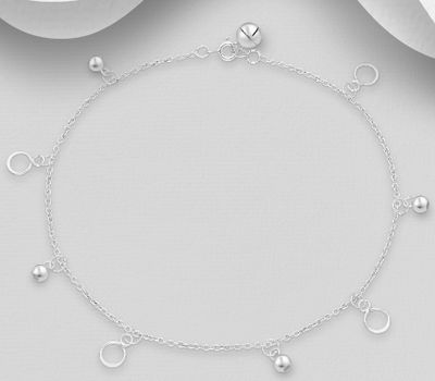 925 Sterling Silver Ball, Bell and Circle Anklet