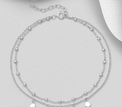 925 Sterling Silver Layered Anklet Featuring Ball and Circle Dangle Charms