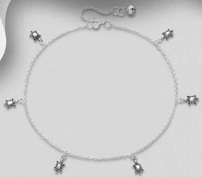 925 Sterling Silver Oxidized Bell and Turtle Anklet