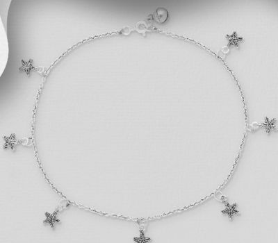925 Sterling Silver Oxidized Bell and Starfish Anklet