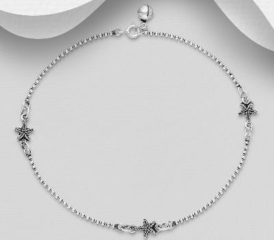 925 Sterling Silver Bell And Starfish Anklet