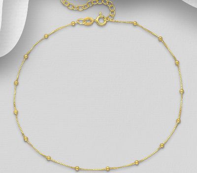 ITALIAN DELIGHT – 925 Sterling Silver Ball Anklet, Plated with 0.5 Micron 18K Yellow Gold, Ball Width is 2 mm Wide, Made in Italy.