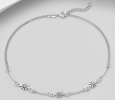 925 Sterling Silver Oxidized Flower Anklet