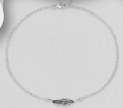 925 Sterling Silver Oxidized Feather Anklet