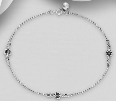 925 Sterling Silver Oxidized Bell and Fleur De Lis Anklet