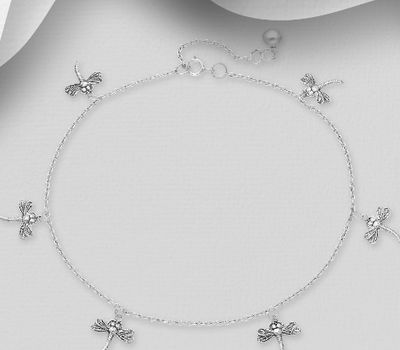 Sterling silver anklet decorated with six dragonflies.