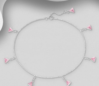 925 Sterling Silver Triangle Anklet, Decorated with CZ Simulated Diamonds