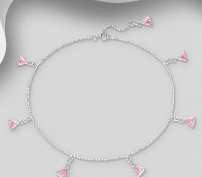 Şəkli böyütmək üçün tiklayın 925 Sterling Silver Triangle Anklet, Decorated with CZ Simulated Diamonds