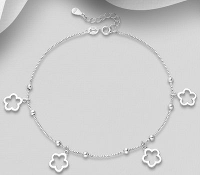 925 Sterling Silver Anklet Featuring Flower Charms