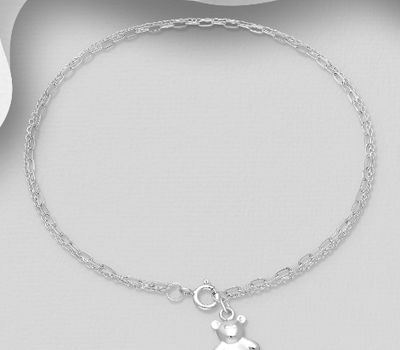 925 Sterling Silver Layered Anklet, Featuring Teddy Bear Charm