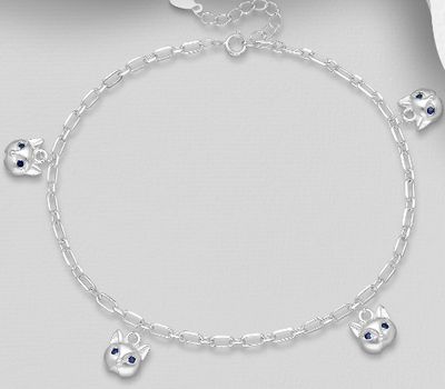 925 Sterling Silver Cat Anklet, Decorated with CZ Simulated Diamonds