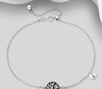 925 Sterling Silver Oxidized Tree Anklet, Decorated with CZ Simulated Diamonds