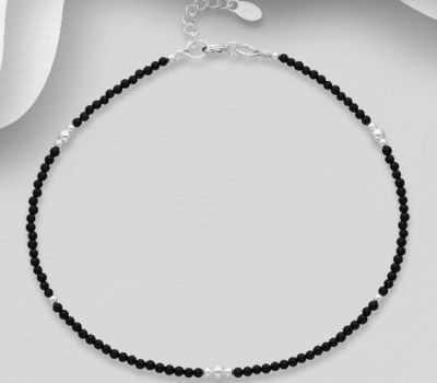 925 Sterling Silver Anklet Beaded with Black Agate
