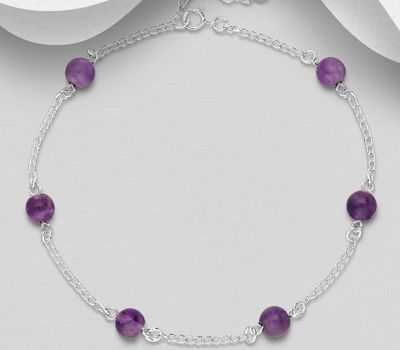 925 Sterling Silver Anklet, Beaded with Gemstone Beads