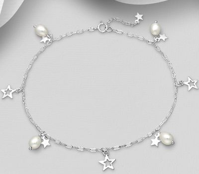 925 Sterling Silver Star Anklet, Beaded with Freshwater Pearls