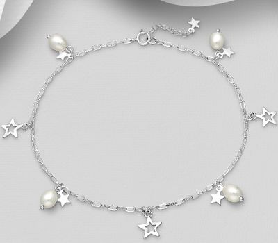 Şəkli böyütmək üçün tiklayın 925 Sterling Silver Star Anklet, Beaded with Freshwater Pearls