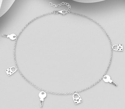 Şəkli böyütmək üçün tiklayın 925 Sterling Silver Key and Lock Anklet