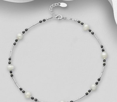 925 Sterling Silver Anklet Beaded with Freshwater Pearl and Hematite Bead
