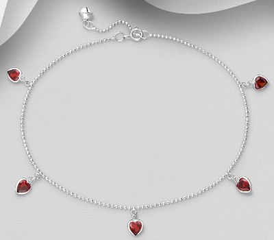 925 Sterling Silver Heart Anklet, Decorated with CZ Simulated Diamonds