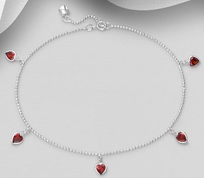 Şəkli böyütmək üçün tiklayın 925 Sterling Silver Heart Anklet, Decorated with CZ Simulated Diamonds