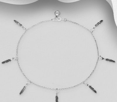 925 Sterling Silver Oxidized Bell and Feather Anklet