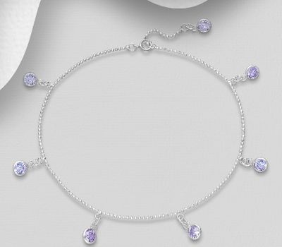 925 Sterling Silver Anklet, Decorated with CZ Simulated Diamonds