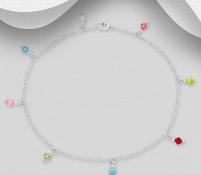 925 Sterling Silver Anklet Beaded With Crystal Glass And Cat's eye