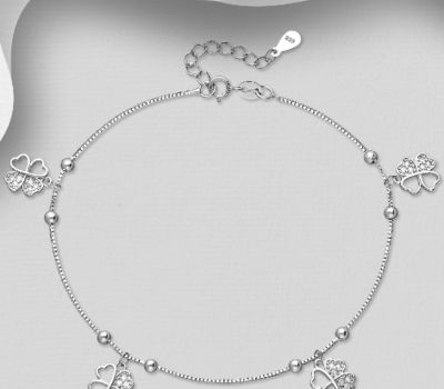 925 Sterling Silver Anklet Featuring Clover Charms Decorated With CZ