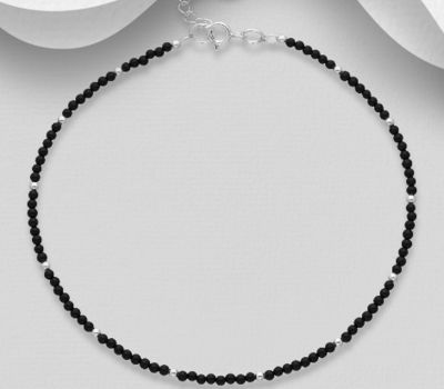 925 Sterling Silver Anklet Beaded with Black Agate